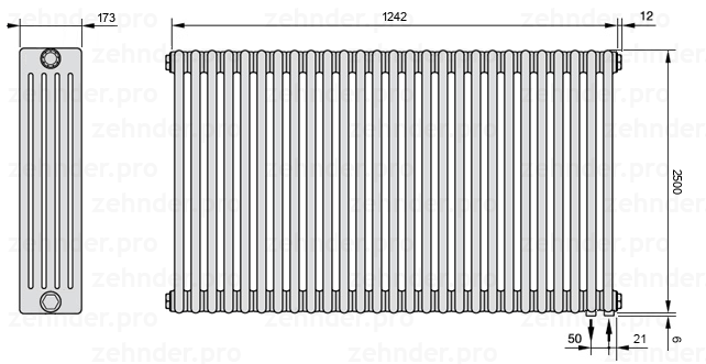 Схема (чертеж) Радиатор Zehnder Charleston 5250/27 №5510 Белый глянцевый RAL 9016